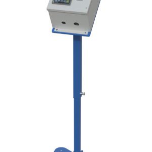 The Vestil Programmable Height Adjustment Ehltg includes a freestanding control panel with a red emergency stop button, black buttons, and digital display on a white box. Its mounted securely on a blue metal stand with a sturdy base for stability.