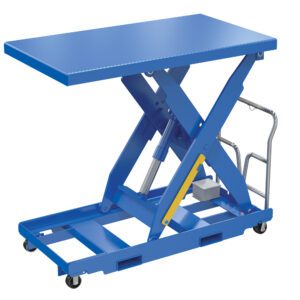 The Vestil Lift Table Portable 230V 3Ph 30x64, supporting up to 3000#, is a blue hydraulic lift with four wheels for mobility. It features scissor lift legs, a flat top, and includes a metal handle with a lever for lifting.