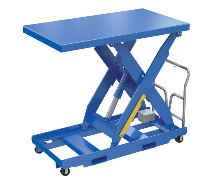 The Vestil Lift Table Portable 460V 3Ph 36x64 1000# features a blue platform, yellow hydraulic handle, and silver foot pedal. Its easily movable on four small wheels and efficiently handles up to 1000#.