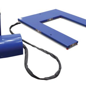 The Vestil U Type Electric Lift Table 3K Capacity is a blue, U-shaped industrial pallet scale featuring a control panel on a vertical stand with an emergency stop button on top, connected by cable.