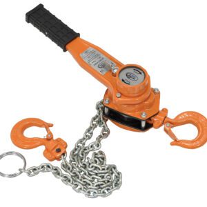 The Vestil Economy Lever Hoist 1.5K Capacity 5 Ft features a vibrant orange frame, sleek black handle, two secure hooks, and a sturdy metal chain for lifting and pulling up to 1.5K over 5 ft. It includes a technical detail label for convenience.