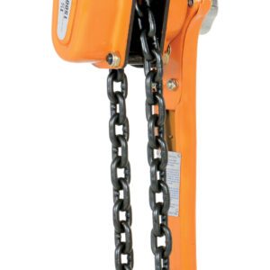 The Vestil Economy Lever Hoist 3K Capacity 5 Ft features an orange chain, two hooks, and a black chain, designed for efficient upright lifting with its lever and mechanical components.