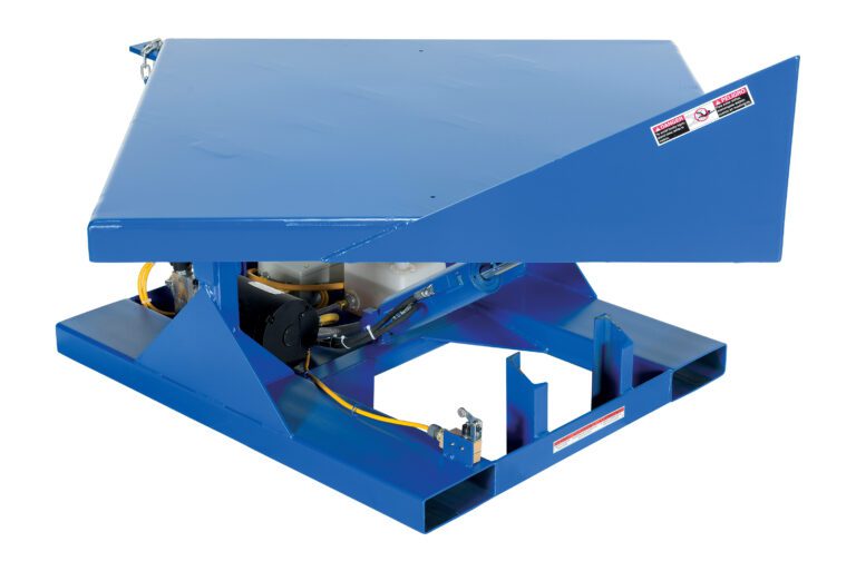 The Vestil Elect/Hydraulic Corner Tilter 2K 48 X 48, featuring a blue scissor lift table with durable metal construction and advanced hydraulics, is perfect for lifting heavy objects in warehouses or factories, thanks to its flat platform and visible electrical wiring.