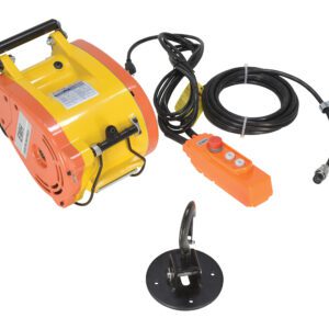 The yellow and orange Vestil Electric Mini Hang Cable Hoist 1000Cap features a black handle, attached cables, an orange control box with buttons, a long black cord, and a robust round metal mounting base with a hook.