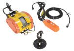 The Vestil Electric Mini Hanging Cable Hoist 700Cap features a yellow and orange body with a coiled metal cable, an orange control pendant with buttons, and a sleek black cable. It comes with an attached hook and a detachable black hook mount for added functionality.