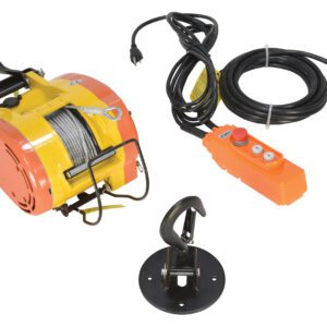 The Vestil Electric Mini Hanging Cable Hoist 700Cap features a yellow and orange body with a coiled metal cable, an orange control pendant with buttons, and a sleek black cable. It comes with an attached hook and a detachable black hook mount for added functionality.