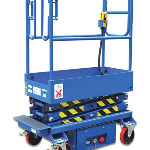 The Vestil Electric Order Picker 0.5K Capacity has a blue scissor lift platform with yellow and black stripes, a sturdy handrail, a control box with a yellow button, and red wheels for smooth mobility.