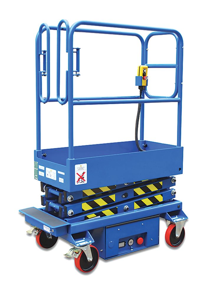 EOP-500_A.jpg The Vestil Electric Order Picker 0.5K Capacity has a blue scissor lift platform with yellow and black stripes, a sturdy handrail, a control box with a yellow button, and red wheels for smooth mobility.