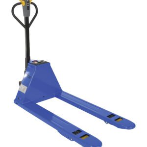 The image features a blue Vestil Pallet Truck Power Drive 27X48 3000# with two forks, a black handle, and a yellow control lever, ideal for lifting pallets. Its reflective surface stands out against the white background.