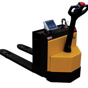 The Vestil Pallet Truck 4.5K-Scale/Platform (4)6 V features a stylish yellow and black design with a digital display on the control panel, an upright handle, and front-extending forks for efficient pallet lifting and transport.