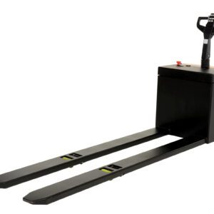 Meet the Vestil Electric Pallet Truck 4.5K 27X96-(4)6 V, designed with dual long forks and a vertical handle for easy steering. Its sleek black design includes a user-friendly control panel atop, optimizing operational efficiency.