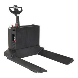 The sleek black Vestil Electric Powered 45X48 Roll Pallet Truck 4500# features dual forks, a control handle for easy maneuvering, and a red emergency stop button, making it ideal for effortlessly lifting and transporting pallets in warehouses.