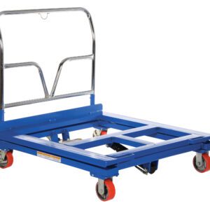 The Vestil Economy Transporter/Tilter has a blue flatbed, metal handle, and four red caster wheels. Its durable metal frame ensures efficient tilting and transport of heavy items.