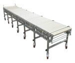 The Vestil Expandable Conveyor Roller consists of interconnected metal rollers on extendable, wheeled legs, allowing length and direction adjustments for easy goods movement.
