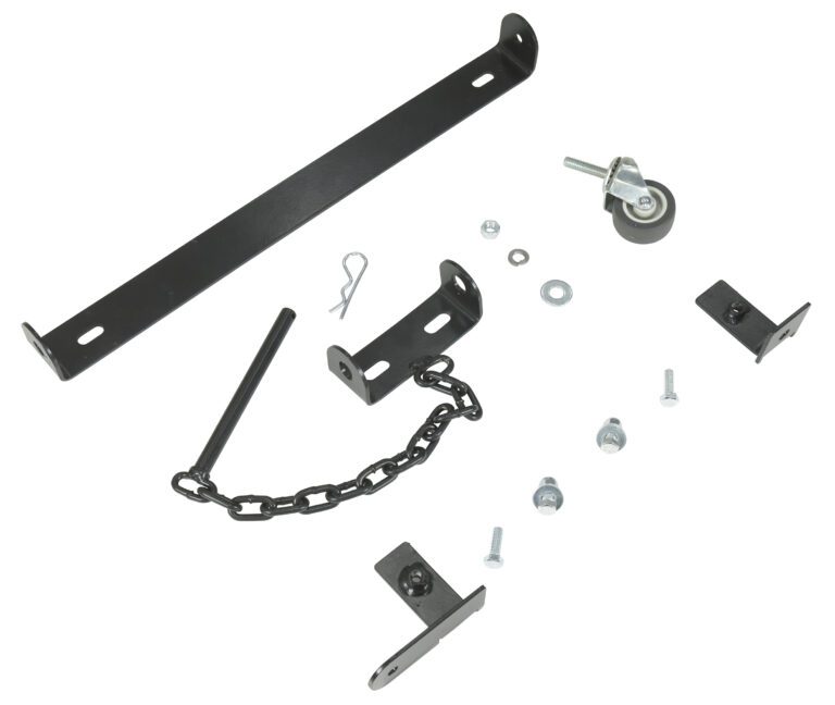 EXGATE-W-KIT_A.jpg The Vestil Steel Expand-A-Gate Wall/Rack Mount Kit, arranged on a white background, consists of black metal hardware: a long bracket with holes, two mounting brackets, a wheel caster, a pin with chain, and assorted screws and washers.
