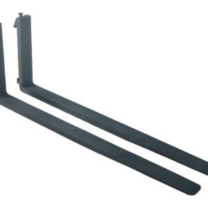 Two black Vestil Forged Stl Forks W/Carriage Pins 5K 60In lie parallel on a white background, featuring a smooth, flat design with the attachment points facing upwards.