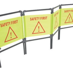 The Vestil Folding Fabric Barrier, 3 Panels, 42 Tall, is a foldable safety solution with connected yellow panels featuring a red triangle warning symbol, an exclamation mark, and SAFETY FIRST in bold red letters for enhanced visibility and protection.