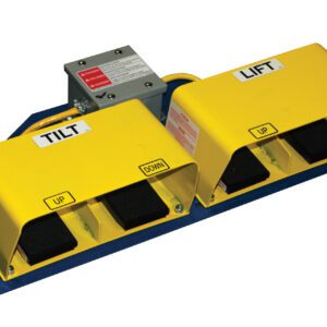 The Vestil Optional Four Pedal Foot Control features two yellow industrial foot pedals on a blue base. The left pedal is labeled TILT, with UP and DOWN options, and the right pedal is marked LIFT, also offering these choices. A gray control box is mounted behind them.