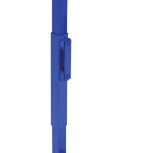 A blue adjustable Vestil Special Drum Adapter For Drum-Ltr includes a flat base, vertical rod, and angled top piece. It acts as a support or mounting device to stabilize equipment, featuring a hinge-like mechanism in the middle for added adaptability.