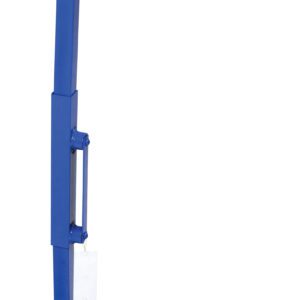 A blue metal bracket with perpendicular plates and a central hinge for structural support or mounting, featuring the Vestil Drum Adapter-Adjusting Arm (28.75 to 36.75 inches). Includes a small white tag.