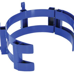 The blue metal bracket with circular shape, multiple horizontal bars, and two adjustable clips resembles the Vestil Drum Adapter Steel Saddle 30 Gal Drums, designed to secure or hold items like steel saddles for 30-gallon drums.