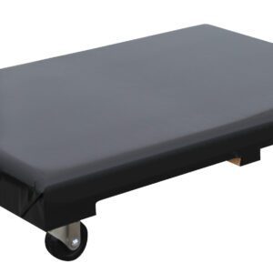 The Vestil Hardwood Dolly with Vinyl Cover features a sleek black design and four wheels, perfect for transporting heavy items. Its durable, smooth 24 x 36-inch rectangular surface stands out against a plain white background.