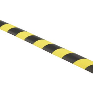 The Vestil Foam Edge Guard 3/4 X 3/4 Slot has a cylindrical design with black and yellow stripes, providing safety and impact protection. It features a channel for easy mounting on edges or corners.