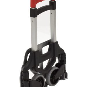 The Vestil Aluminum Foldaway Hand Truck 175 Lb Cap features a red and black handle, durable silver frame, and two sturdy black wheels. It efficiently folds into a compact position for easy storage.