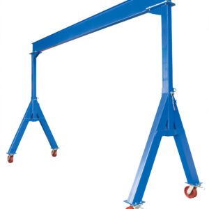The Vestil Fixed Height Stl Gantry Crane 10K 15 Ft is a blue crane with fixed height, supported by two A-frames and featuring red caster wheels for improved mobility, perfect for lifting heavy loads in industrial environments.