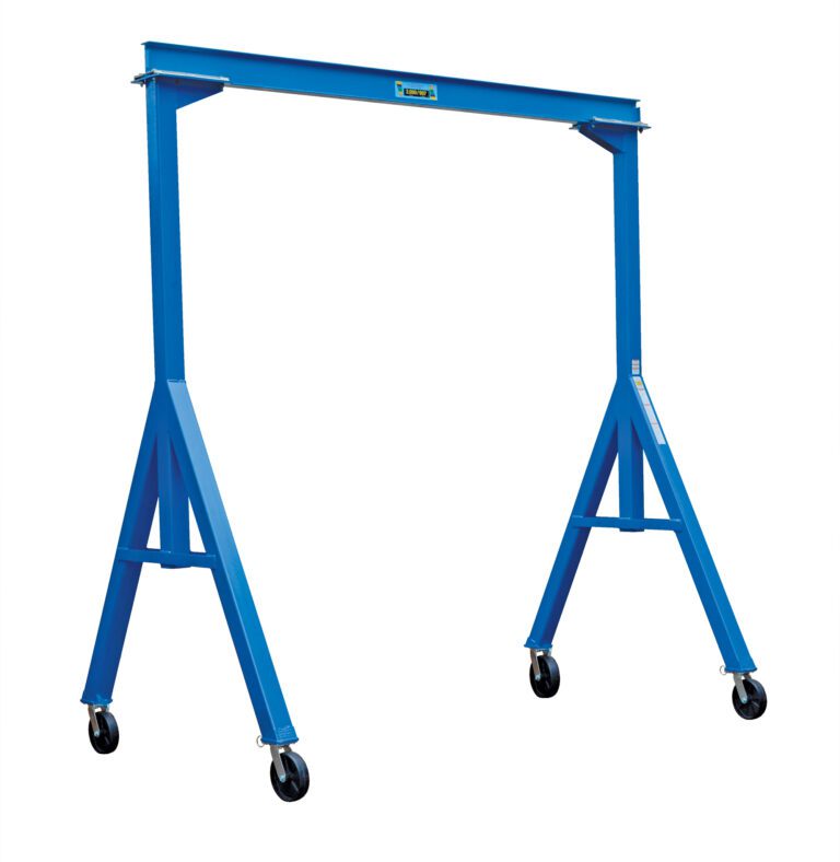 The Vestil Fixed Height Stl Gantry Crane 2K 10 Ft in blue has a horizontal beam, two triangular frames with four wheels each, and a level tool on top, making it ideal for lifting and moving heavy loads easily.