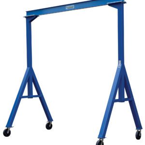 The Vestil Fixed Height Stl Gantry Crane 4K 10 Ft features a blue rectangular frame with four wheels, two vertical support beams linked by a horizontal beam, and angled legs for stability, reaching up to 10 ft in height.