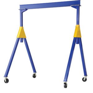 The Vestil Fixed Ht. Stl Gantry Crane 2K 10 Ft Kd has a blue and yellow design with a lightweight, four-wheeled, A-frame support structure that enhances mobility, making it ideal for small to medium lifting tasks.