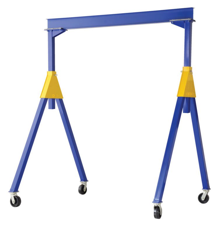 The Vestil Fixed Ht. Stl Gantry Crane 2K 20 Ft Kd has a blue metal frame with yellow brackets, four angled legs, and four wheels for efficient heavy object movement.
