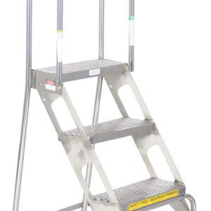 The Vestil Folding 3 Step Ladder W/Wheels Ss is a metal safety ladder with three wide steps and handrails marked Safety First in English and Spanish. It features two red front wheels for mobility and two rear supports for stability.