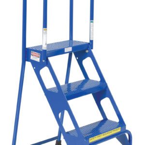 The Vestil Folding 3 Step Ladder With Wheels features a blue metal frame, three slip-resistant perforated steps, two front red wheels, and rubber-tipped back legs. Tall handrails enhance safety.