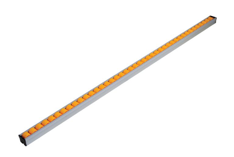 The Vestil Flow Rack Option-48 In Roller has a sleek aluminum design with evenly spaced yellow wheels, allowing items to glide smoothly along its length.