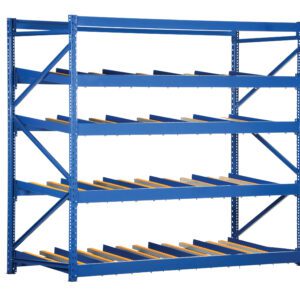 The Vestil Carton Flow Rack is a 36-inch freestanding shelving unit with four levels, featuring five angled shelves with yellow rollers. Ideal for organizing and improving item flow in warehouses or storage areas.