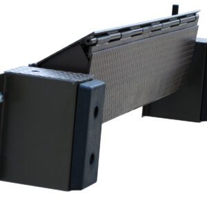 The Vestil Mechanical Edge-O-Docklevelers 20K 72 In has a textured platform with a hinged mechanism, featuring sturdy black end bumpers with visible bolts on each side for reliable performance.