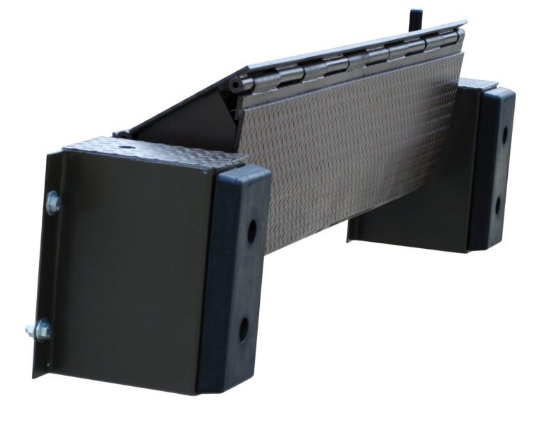 The Vestil Mechanical Edge-O-Docklevelers 20K 72 In has a textured platform with a hinged mechanism, featuring sturdy black end bumpers with visible bolts on each side for reliable performance.