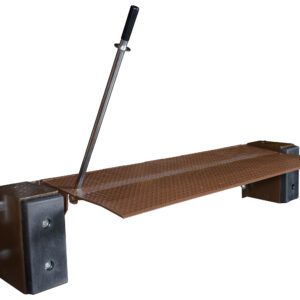 The Vestil Mechanical Edge-O-Docklevelers 25K 72 In features a durable brown metal design with a diamond plate surface. It includes a long vertical handle, two black rubber bumpers, and an industrial-style angled surface.