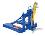 The Vestil Automatic Eagle Beak 1 Drum Lifter 1K is a blue lifter with a yellow lever, metal chains, and a securing strap. It efficiently grips and lifts heavy objects with its sturdy metal frame and stable base for optimal performance.