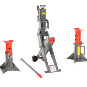 A tall, adjustable Vestil Manual Hydraulic Jack 15K Capacity takes center stage, flanked by two smaller jack stands with red tops and accompanied by a detachable handle in front.