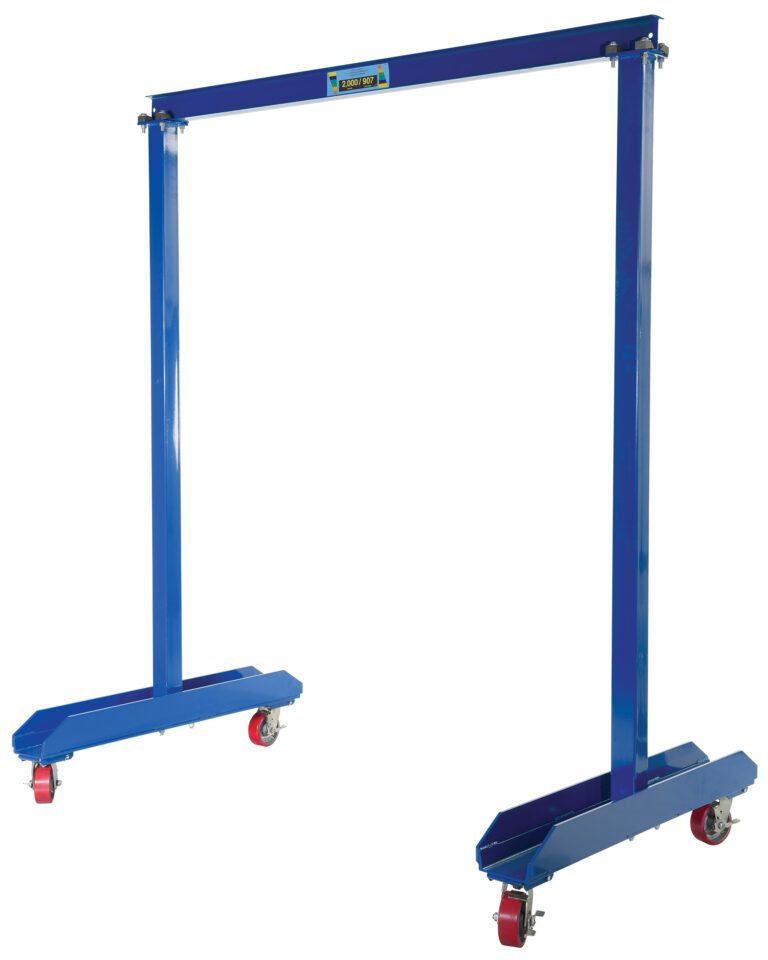 The Vestil Portable Work Area Gantry Crane 1K has a blue rectangular frame with four swivel casters, including two with striking red wheels, ensuring easy mobility for lifting.