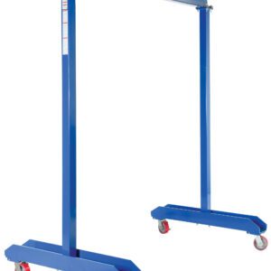 Meet the Vestil Portable Work Area Gantry Crane 2K, a robust blue metal crane with a lightweight frame and four red caster wheels. Designed for lifting heavy loads, it features adjustable height and durable construction, ideal for industrial use.