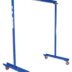 The Vestil Portable Work Area Gantry Crane 0.3K has a blue frame, two vertical supports, and a horizontal beam, with four red caster wheels for mobility. Its metal construction makes it ideal for lifting heavy objects in industrial or construction settings.