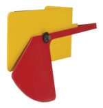 A modern, minimalist sculpture in red and yellow with geometric shapes resembles a Vestil Fork Truck Level. It features a large red semi-circle connected to a yellow rectangle by an angular red arm.
