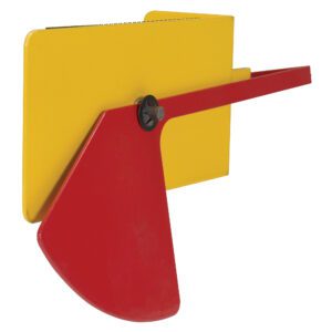 A modern, minimalist sculpture in red and yellow with geometric shapes resembles a Vestil Fork Truck Level. It features a large red semi-circle connected to a yellow rectangle by an angular red arm.