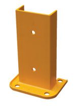 Yellow metal bracket similar to the Vestil Structural Rack Guard 6 In C Channel 12H, with three holes per side and a rectangular base featuring four corner holes, designed for reliable mounting or support.