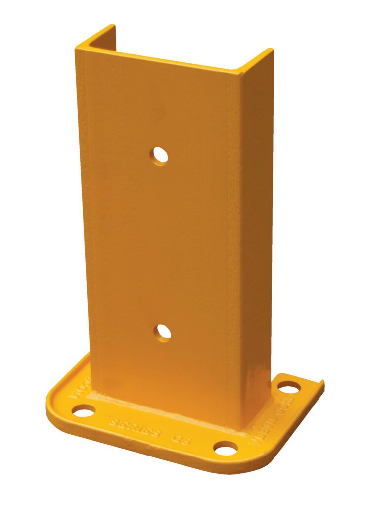 Yellow metal bracket similar to the Vestil Structural Rack Guard 6 In C Channel 12H, with three holes per side and a rectangular base featuring four corner holes, designed for reliable mounting or support.