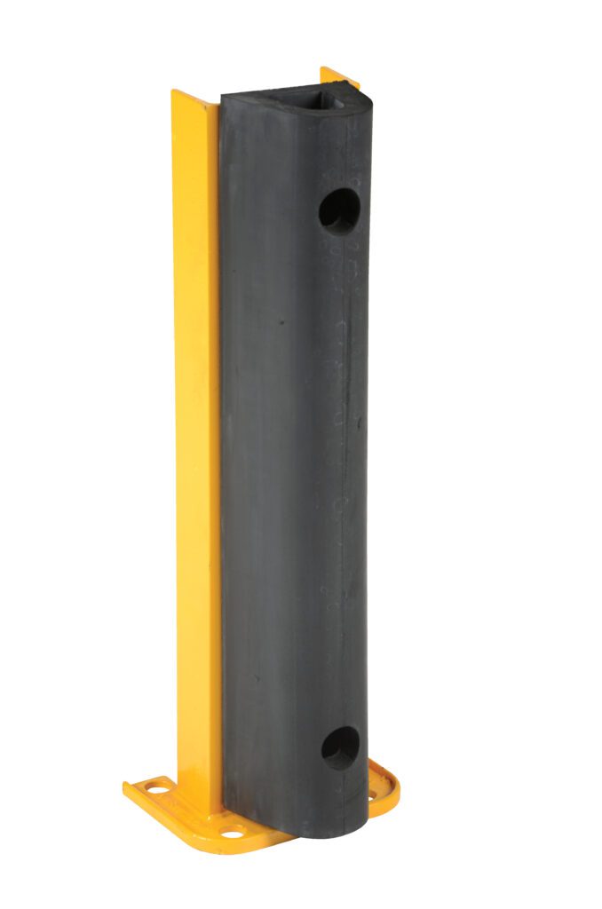 The Vestil Structural Rack Guard W/Bumper 24 Height is a vertical yellow metal post with a black rubber bumper and two round holes, standing 24 inches tall. It features an impact-absorbing base that is flat and perforated for secure mounting.